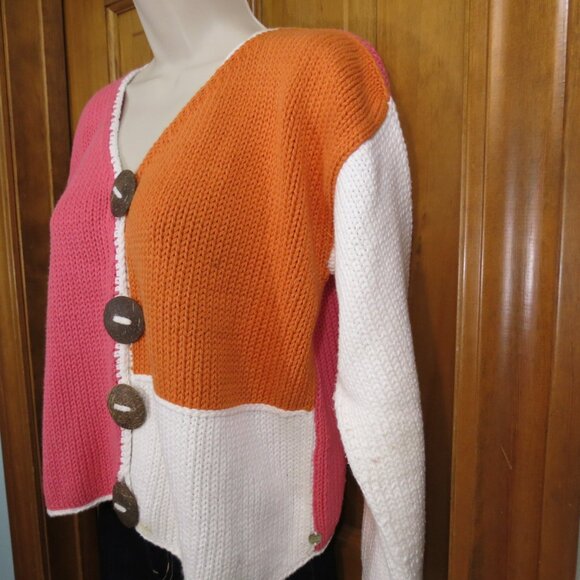 Pure Handknit Cardigan Sweater Pink/Orange/White Long Sleeve Size Large Petite - Picture 3 of 9